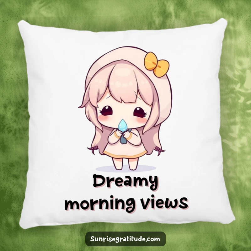 Artistic pillow depicting a character holding a dewdrop that beautifully reflects a colorful sunrise, offering comfort and visual serenity.