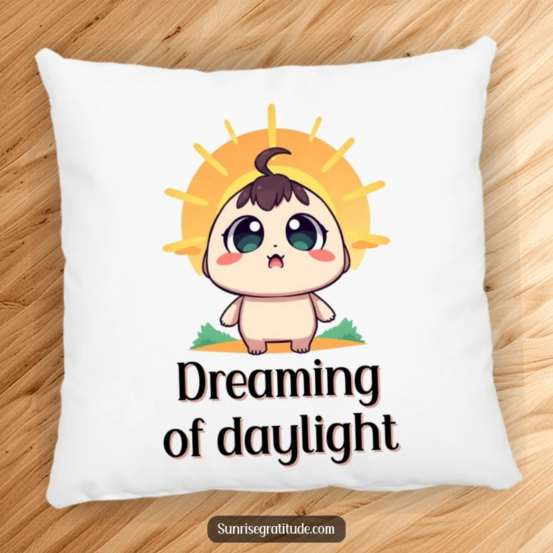 Funny Pillow: A character with wide, amazed eyes looking at the sunrise, offering comfort and wonder.