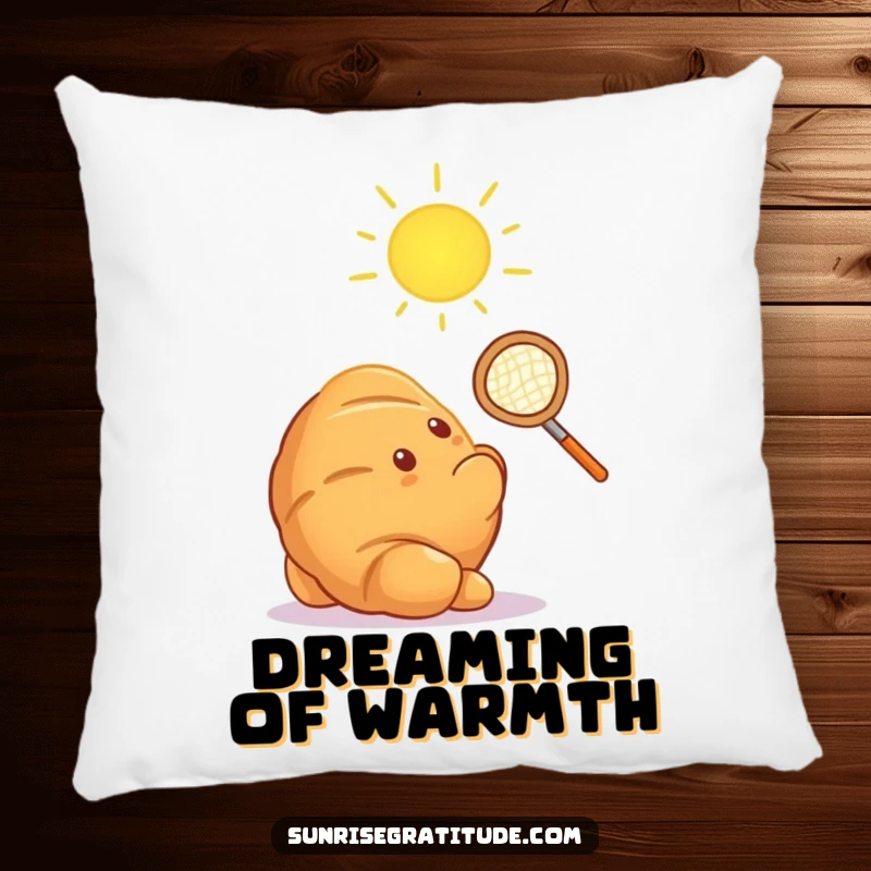 Funny radiant croissant attempting to catch sun ray with net, soft and humorous decorative pillow.