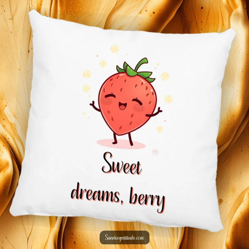 Funny giggling strawberry juggling dew drops at dawn, soft and humorous decorative pillow.