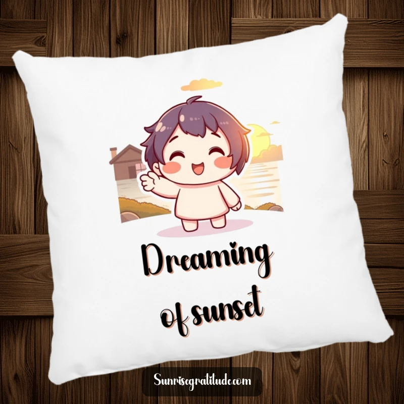 Funny Sunset Peace Pillow: Soft pillow with a smiling character waving to a warm sunset, a humorous and comfy funny gift.