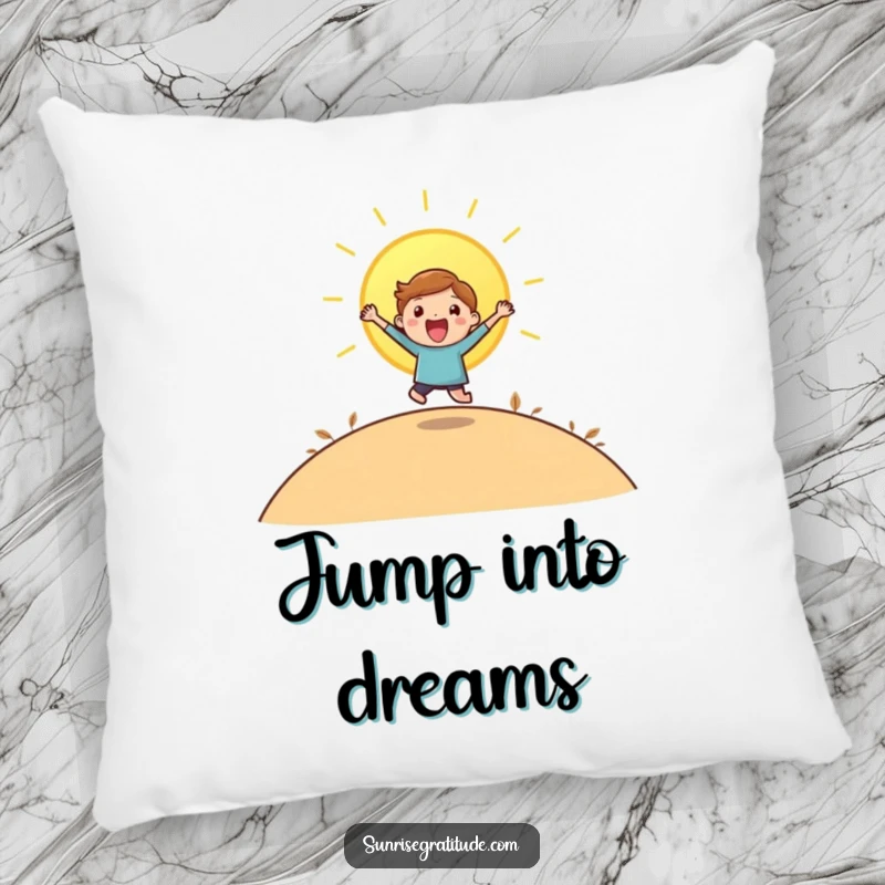 Funny pillow with a playful character leaping with joy as the sun rises over a hill.
