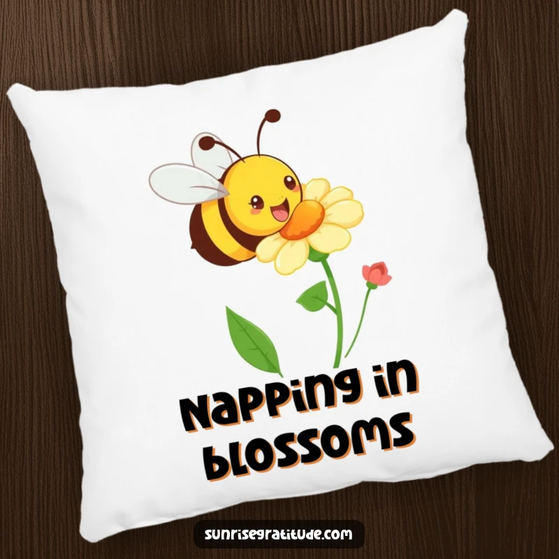 Funny playful bee pillow, buzzing happily towards a blooming flower, offering plush comfort and cheerful energy. A humorous decor item.