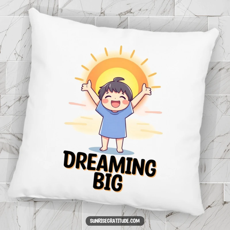 Funny pillow with a character joyfully stretching towards a colorful sunrise, bringing warmth and optimism.