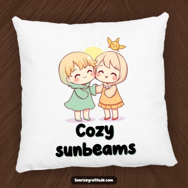 Heartwarming pillow depicting a character sharing a warm ray of sunshine with another, offering comfort and a symbol of connection.