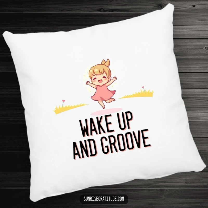 Funny pillow featuring a playful character dancing in the golden light of morning, offering soft comfort and a touch of joyful energy.