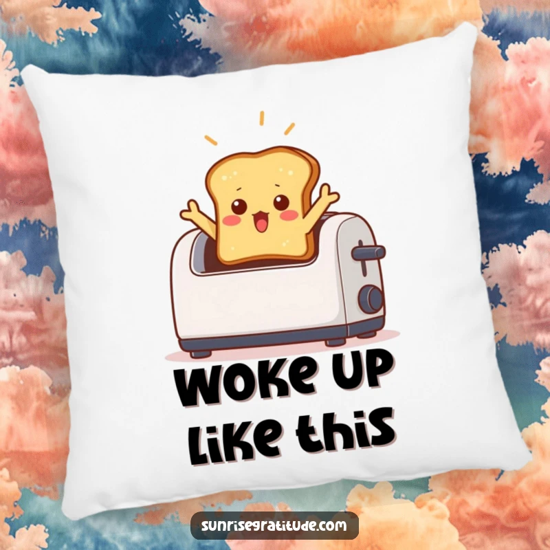 Funny pillow depicting a shocked piece of toast jumping out of a toaster, illuminated by a beam of light, a comfy surprise.