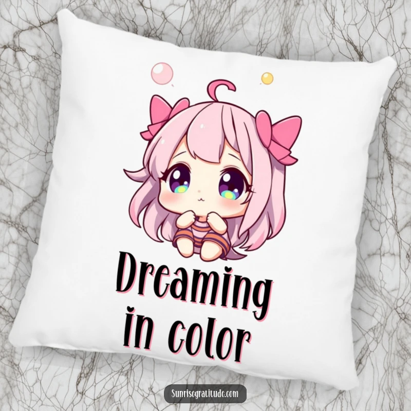 Funny pillow with a character gazing in wonder at a vibrant, colorful sky, bringing a sense of peace.