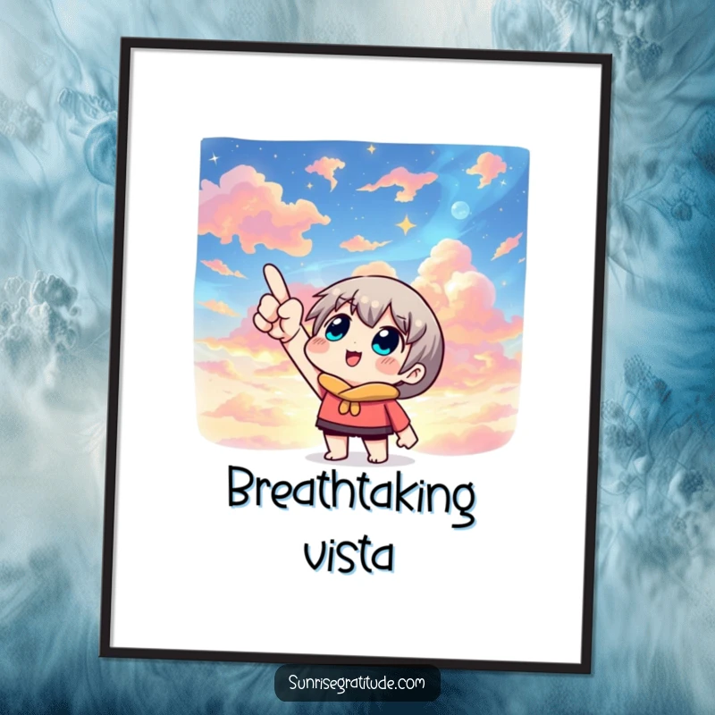 Artistic digital art print of a character pointing upwards at a spectacular, colorful sky, evoking a sense of wonder and aspiration.