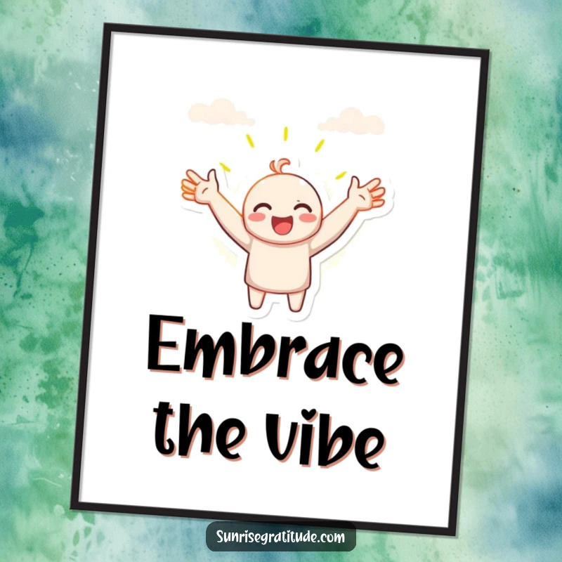 Funny digital art print, character with open arms embracing the sunrise, vibrant optimistic decor, welcoming new beginnings, stunning funny gift.