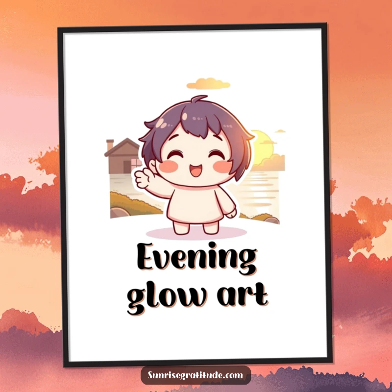 Funny Sunset Farewell Digital Print: Smiling character waving to a warm sunset, bringing instant peace and humor.