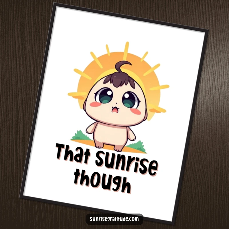 Funny Digital Art: A character with wide, amazed eyes watching the sunrise emerge, ready for print.