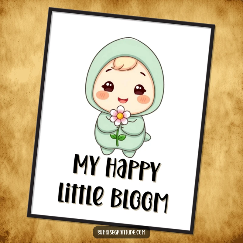 Funny digital art print of a gleeful character with a bright smile, holding a tiny blooming flower, symbolizing happiness and natural beauty.