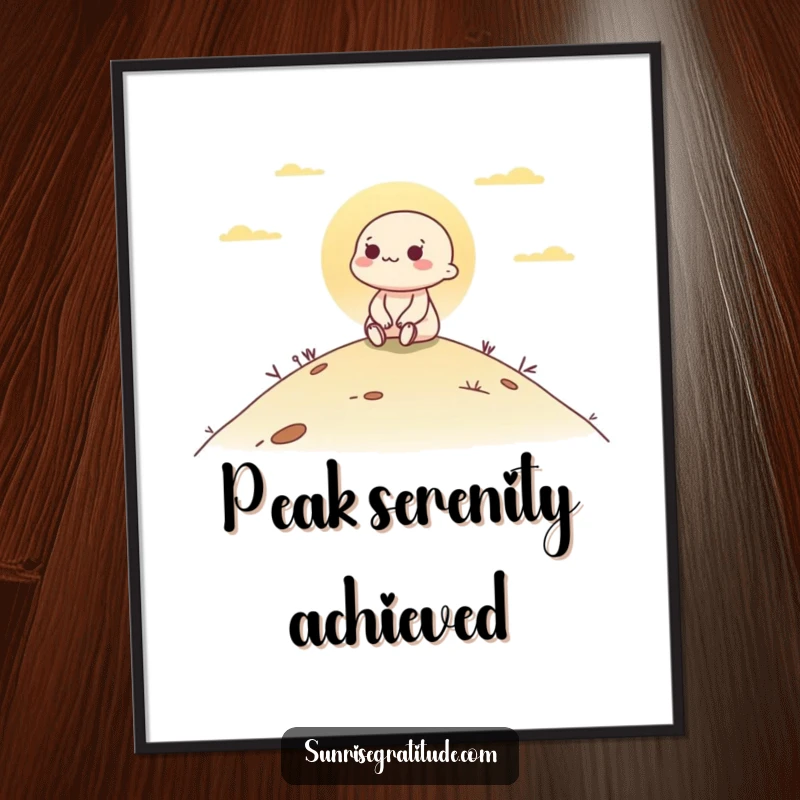 Funny digital art print of a character peacefully seated on a hill, observing the magnificent colors of the rising sun.