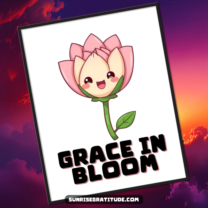 Funny delighted flower bud digital art print, unfurling petals gracefully, bringing serene beauty to any space. A humorous and downloadable decoration.