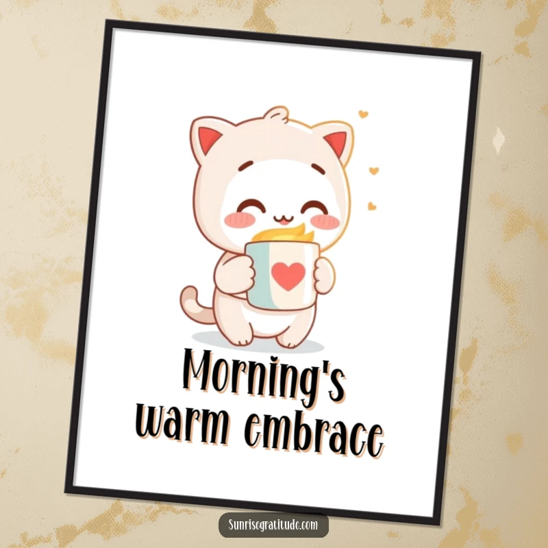 Funny digital art print of a character joyfully offering a warm mug to the soft, gentle rays of the morning light.