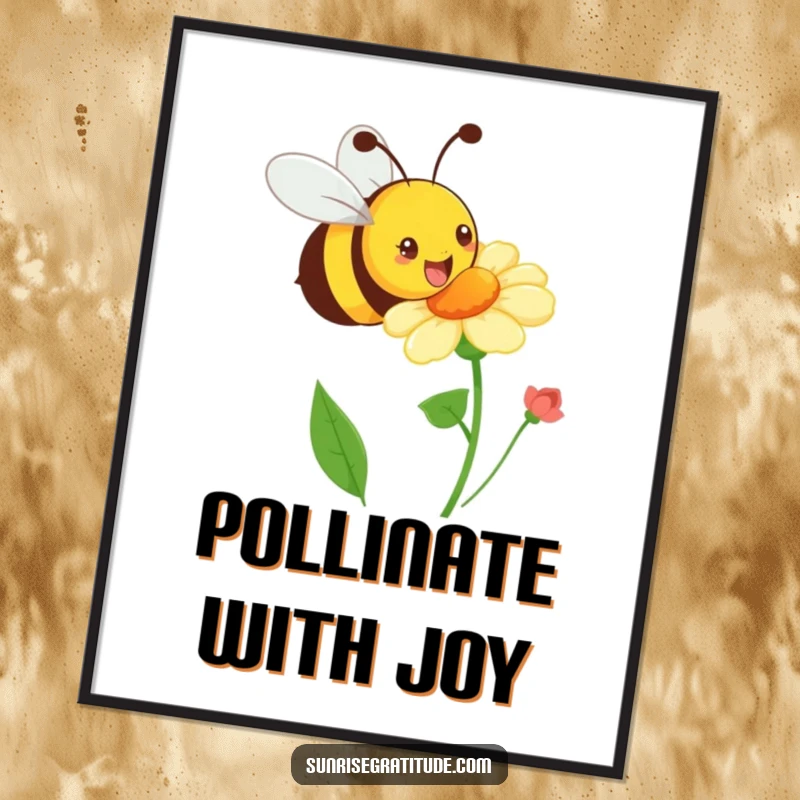 Funny playful bee digital art print, buzzing happily towards a blooming flower, bringing vibrant energy to any space. A humorous and downloadable decoration.