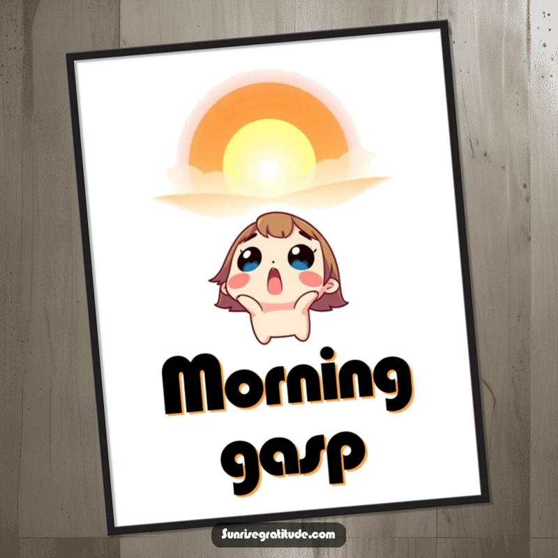 Funny digital art print of a surprised character looking up in awe at a vibrant sunrise.