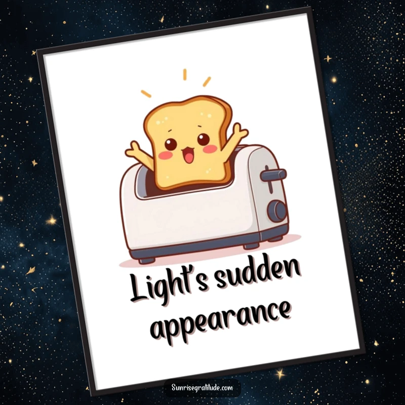 Funny digital art print of a surprised toast character bursting out of a toaster with a bright light beam, instant decor.
