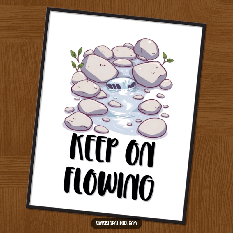 Funny Stream Digital Art Print: A happy little stream bubbles over smooth stones, a peaceful and humorous artwork.