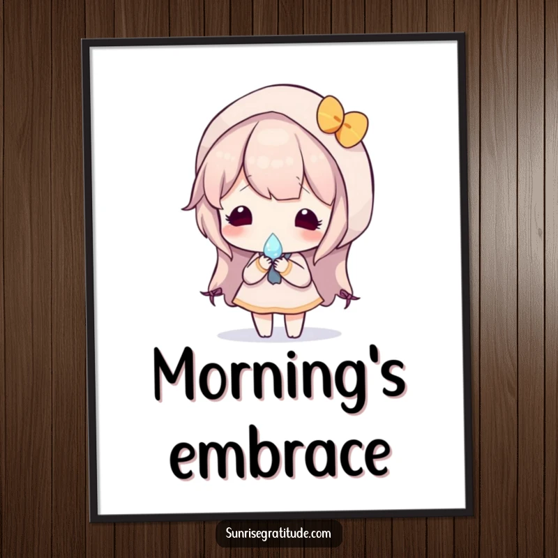 Serene digital art print of a character holding a single dewdrop that perfectly reflects a vibrant sunrise, capturing a moment of peaceful beauty.