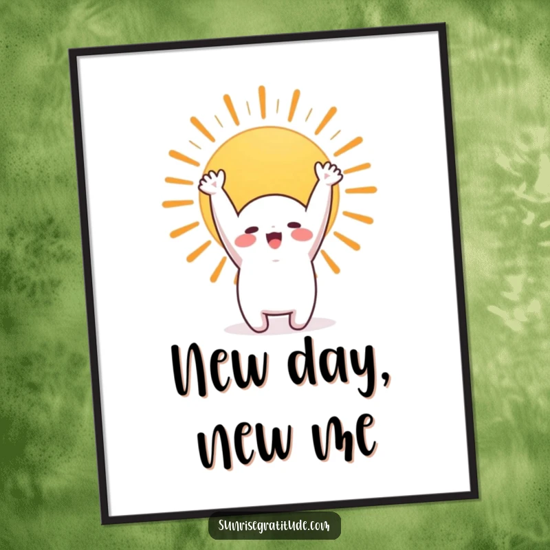 Funny digital art print of a cute character stretching towards a beautiful sunrise, adding humor and art to walls.