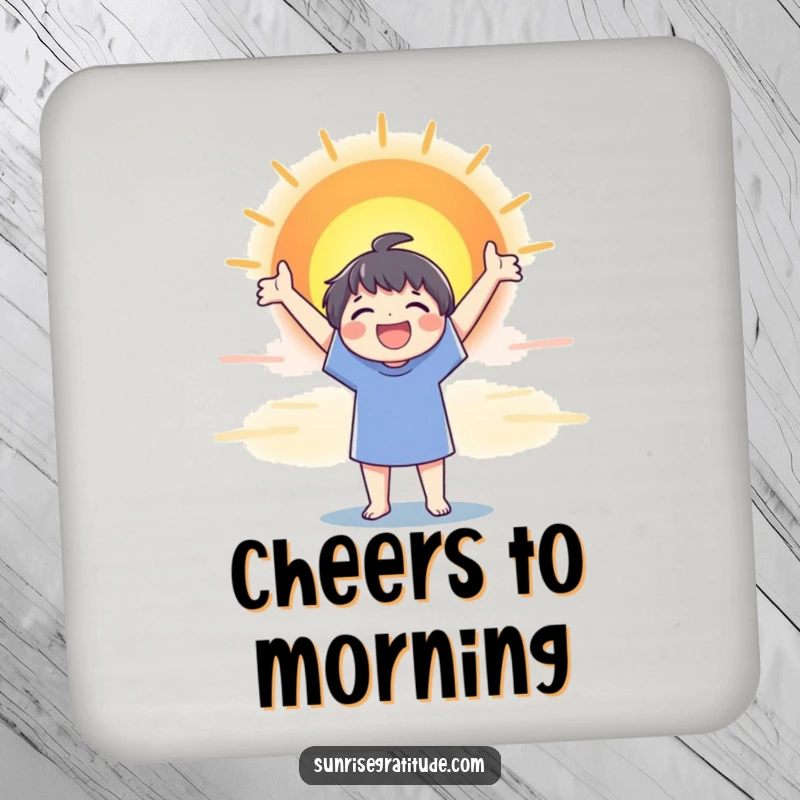 Funny coaster with a joyful character stretching towards a colorful sunrise, adding optimism to surfaces.