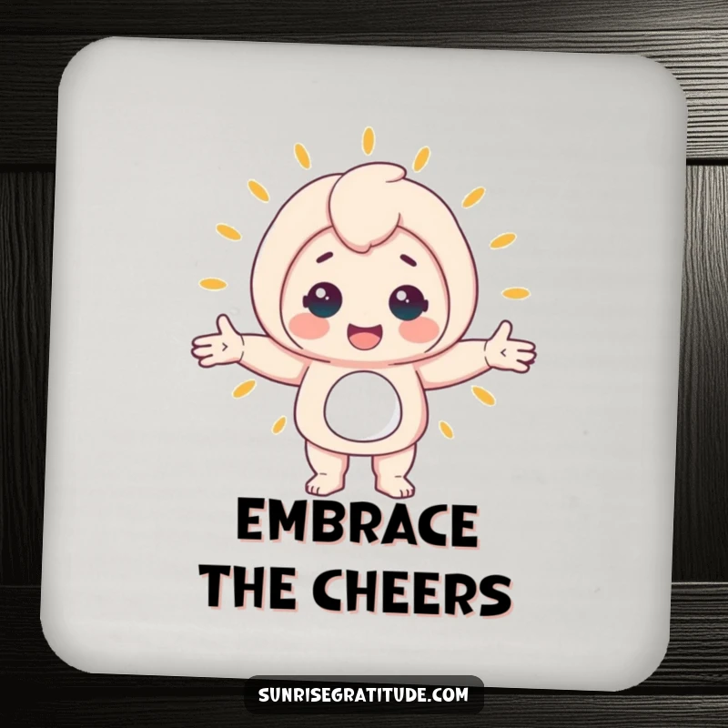 Funny drink coaster with a cheerful character in an open embrace, guarding against spills from the awakening world, a humorous protector.