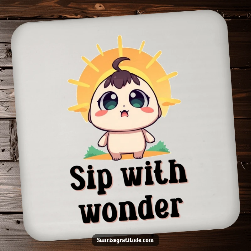 Funny Drink Coasters: A character with wide, amazed eyes watching the sunrise, protecting surfaces.