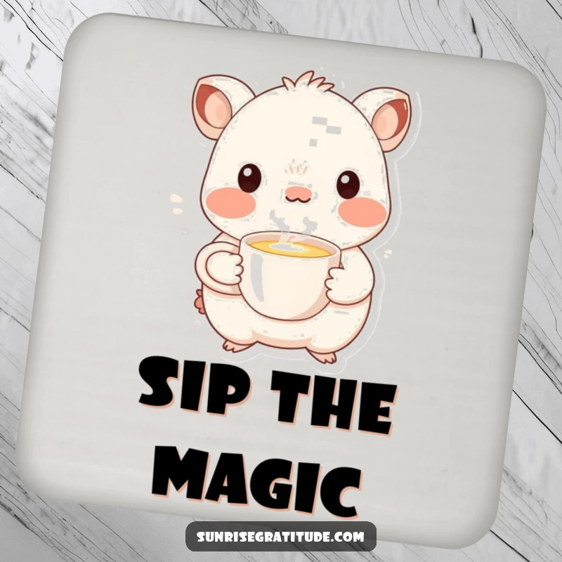 Funny whimsical creature drink coaster offering a steaming cup, perfect for warm protection and humor.