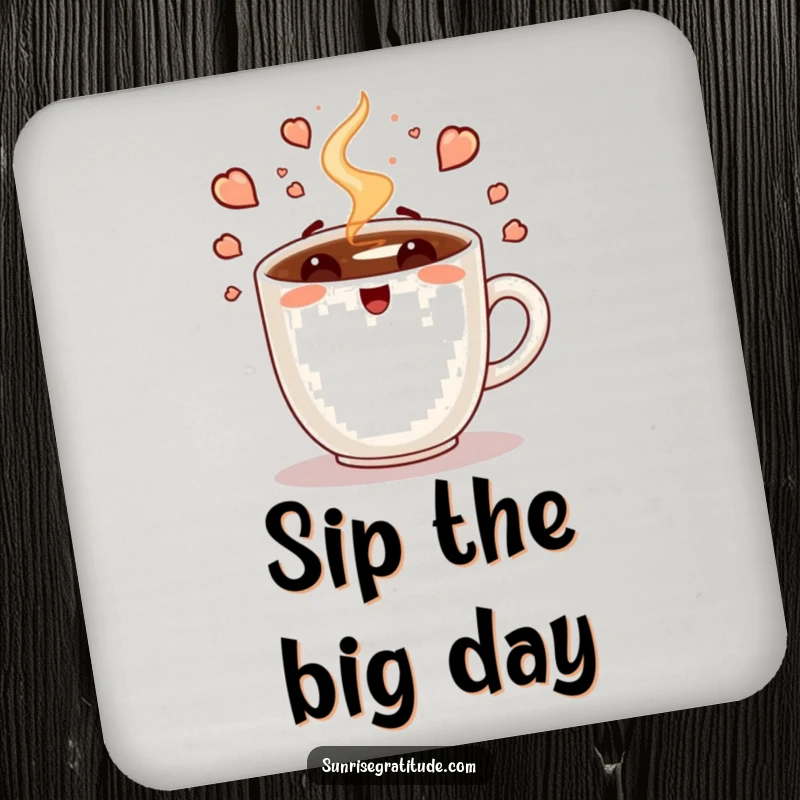 Funny coaster set featuring an enthusiastic coffee cup steaming with the energy of a new day, protecting tables with humor.