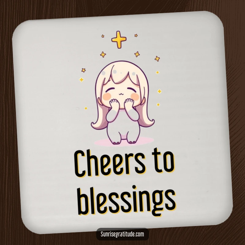 Funny Drink Coasters: A character bowing its head in thankfulness to the sunrise, protecting surfaces.