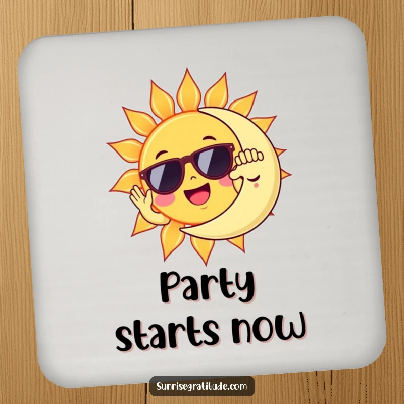 Funny sun wearing sunglasses high-fiving a sleepy moon, humorous coasters for table protection.