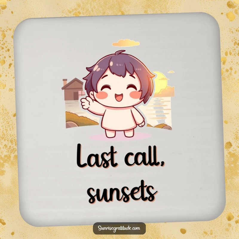 Funny Sunset Coasters: Smiling character waving to a warm sunset, providing humorous and practical funny gift protection.