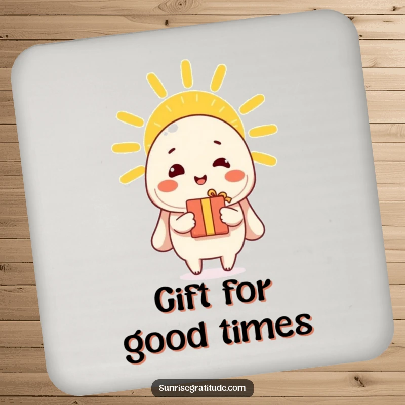 Funny drink coaster with a cheerful character offering a gift to the morning sun, adding joy to surfaces.