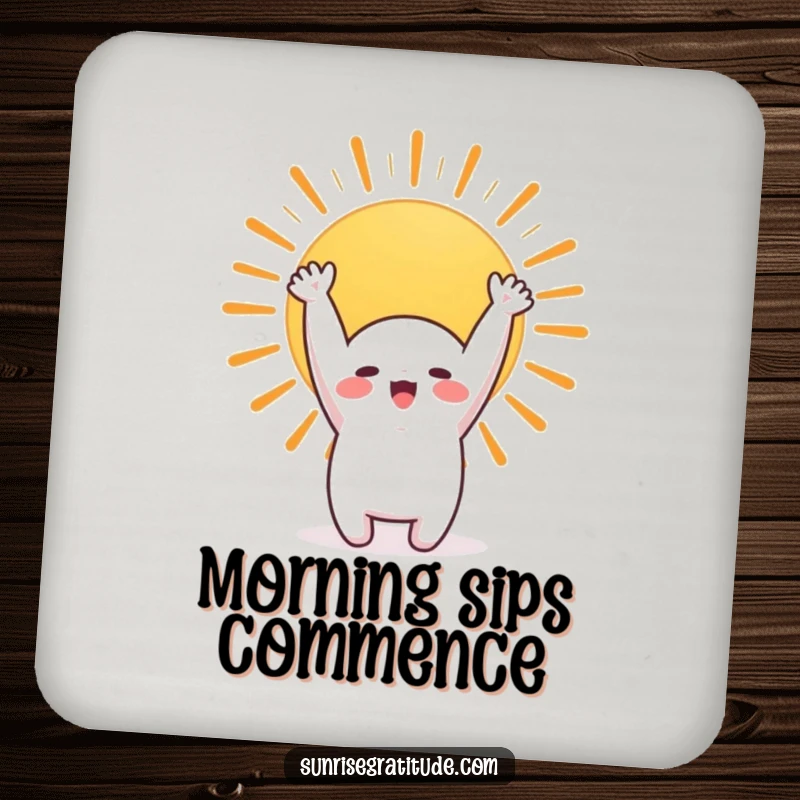 Funny drink coaster featuring a cute character stretching to a sunrise, protecting surfaces with morning cheer.