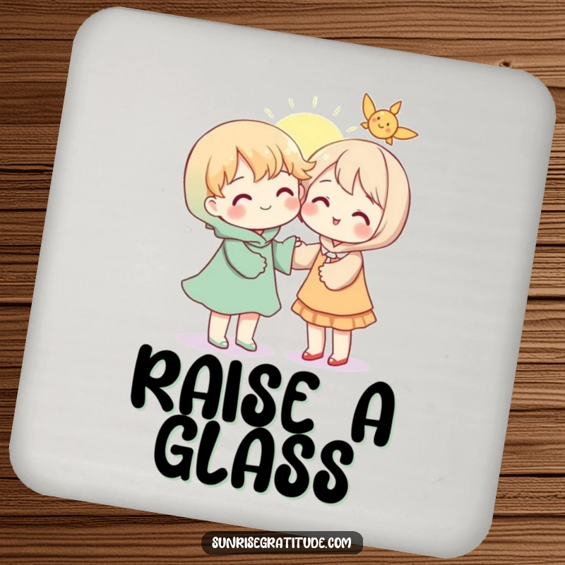 Heartwarming drink coasters displaying a character sharing a ray of sunshine with another, bringing a symbol of connection to beverage service.