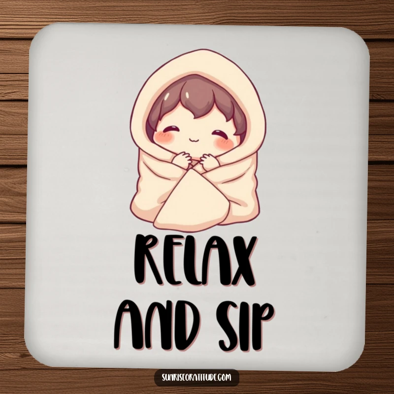 Funny coaster with a contented character smiling, wrapped in a cozy blanket, adding warmth to surfaces.