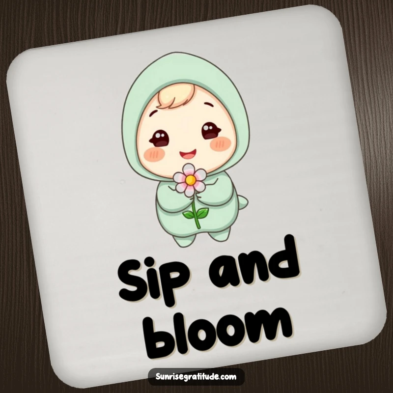 Funny drink coaster featuring a happy character holding a small blooming flower, bringing a touch of nature's joy to your table settings.