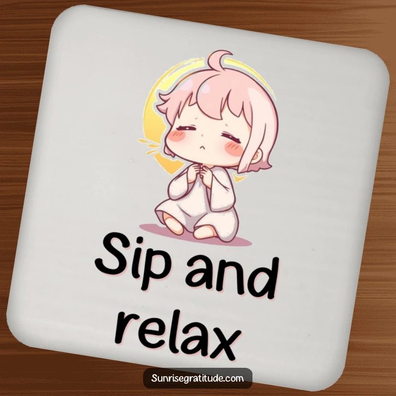 Funny drink coaster, character exhaling at sunrise, zen decor, protecting surfaces, calming ambiance, thoughtful funny gift.