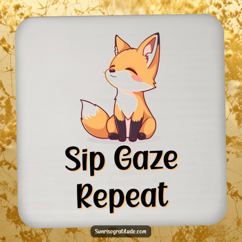 Funny drink coaster with a serene fox gazing peacefully at the horizon, protecting surfaces with artistic humor.