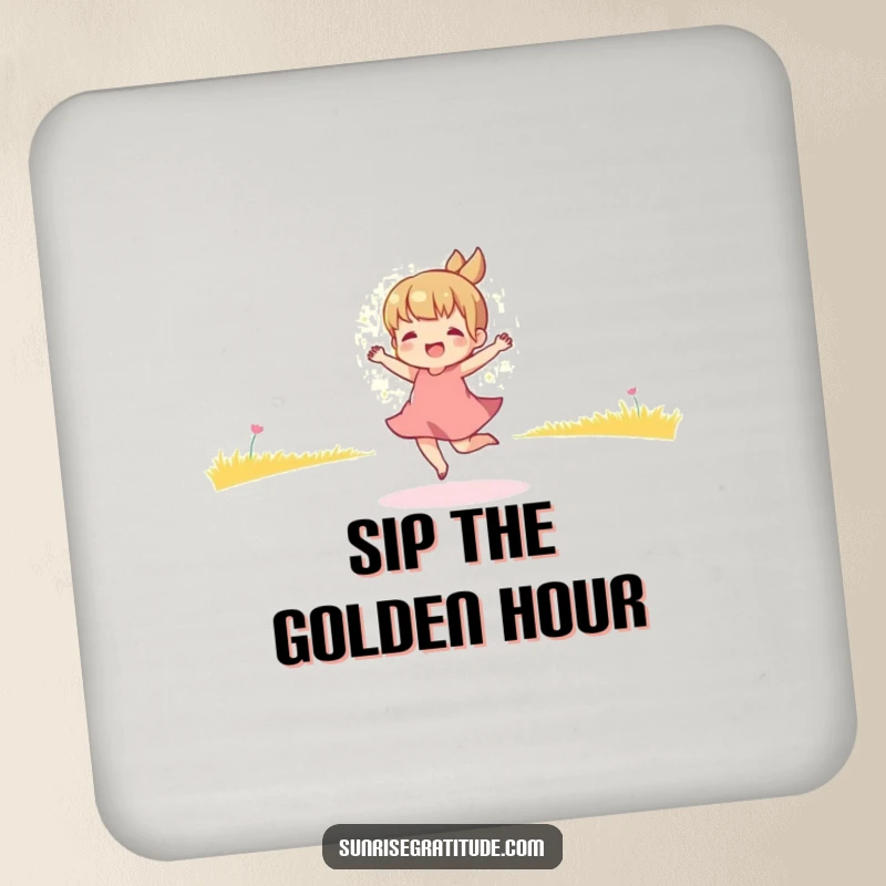 Funny coaster set featuring a playful character dancing in the golden light of morning, adding cheerful vibes and protecting surfaces.