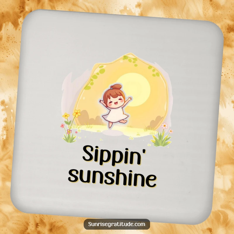 Funny drink coaster depicting a character joyfully dancing with the first golden rays of sunlight, adding playful decor.