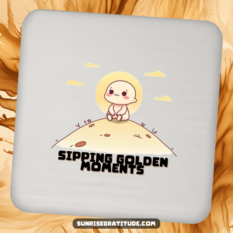 Funny drink coaster depicting a character peacefully watching the sunrise from a hill, adding a decorative touch.