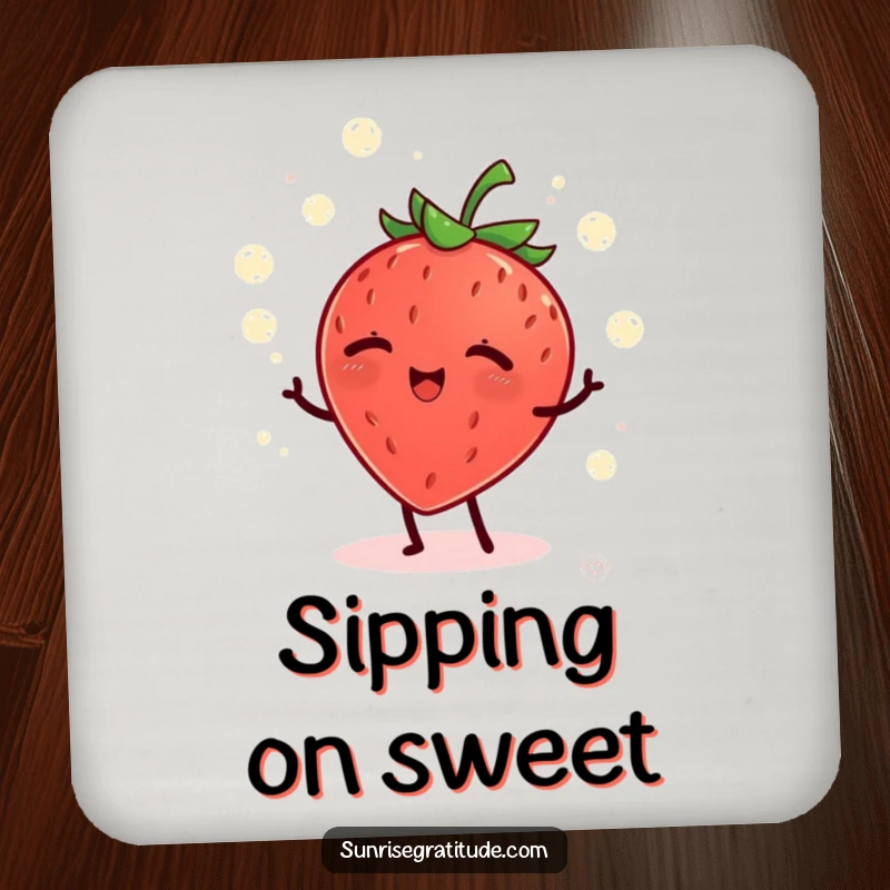 Funny giggling strawberry juggling dew drops at dawn, humorous coasters for table protection.