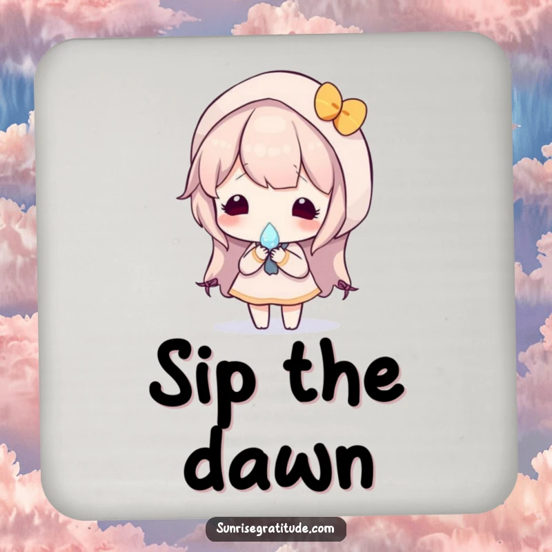 Artistic drink coasters displaying a character holding a dewdrop that mirrors a colorful sunrise, bringing gentle beauty to beverage service.