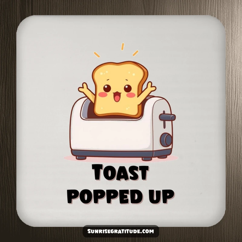 Funny coaster showing a surprised toast jumping out of a toaster with a light beam, protecting surfaces with humor.