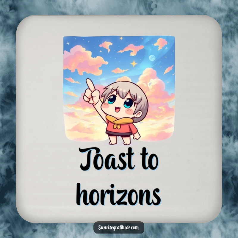 Artistic drink coasters displaying a character pointing skyward at a colorful sky, bringing a sense of wonder to beverage service.