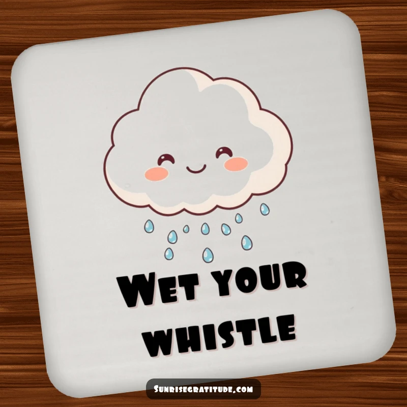 Funny happy cloud drink coaster, raining sparkling dew, protecting surfaces with humor. A charming accessory.