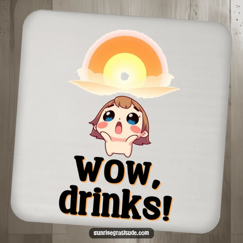 Funny drink coaster with a surprised character looking up in awe at a vibrant sunrise.